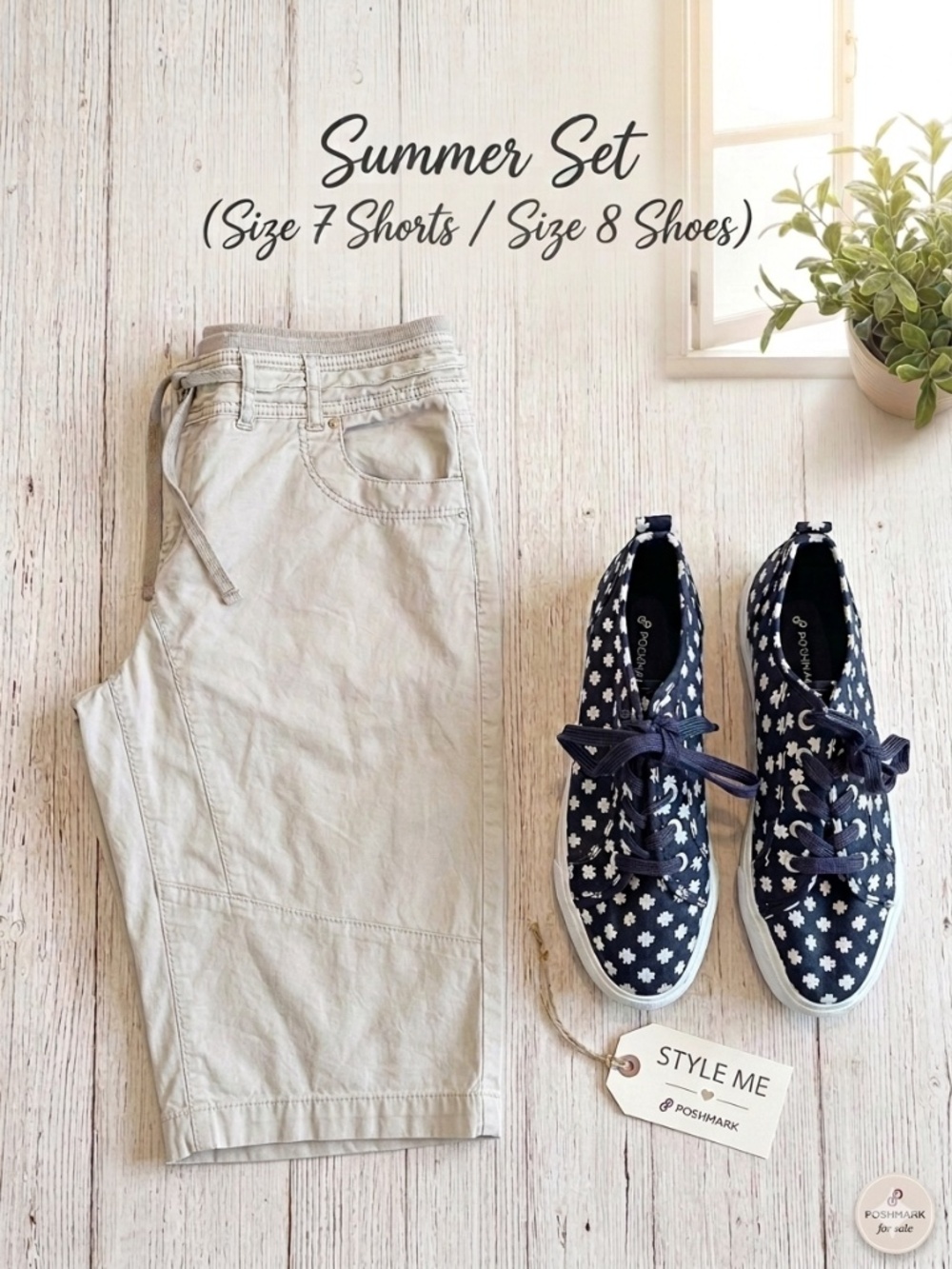 Reitman's Cream Cargo Capris & Joe Fresh Navy Floral Sneakers Summer Set Size 8